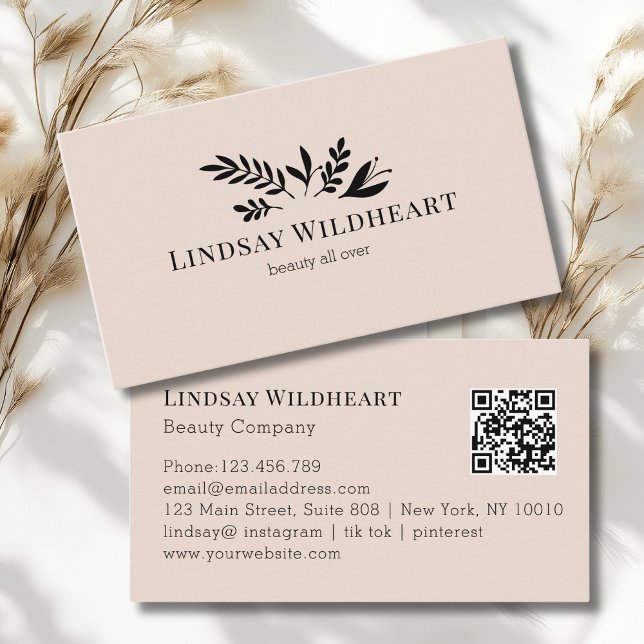 Tarjeta De Visita Minimal Floral Beige-Blush Botanical  QR Code (Minimal Floral Beige - Blush Botanical Beauty QR Code Business Card)