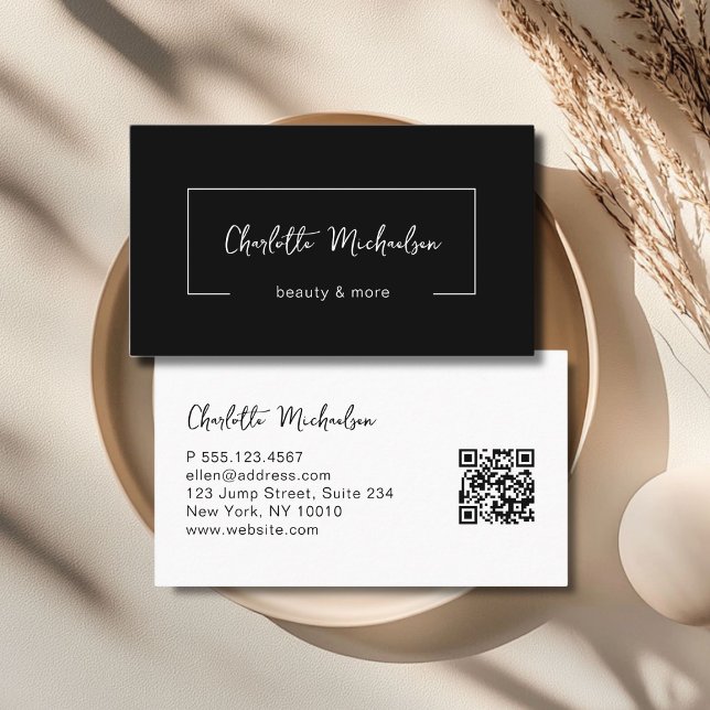 Tarjeta De Visita Minimal Handwriting Black QR Code (Minimal Handwriting Black QR Code Business Card)