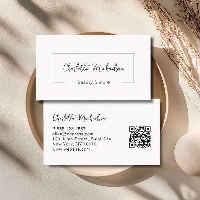 Tarjeta De Visita Minimal Handwriting White QR Code (Minimal Handwriting White QR Code Business Card)