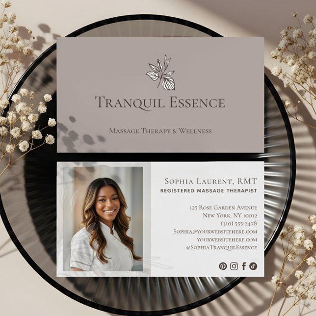 Tarjeta De Visita Minimal Leaf Registered Massage Therapist Photo  (Minimal Leaf Registered Massage Therapist Photo Business Card)