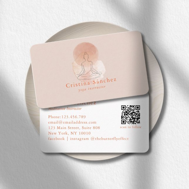Tarjeta De Visita Minimal Line Art Woman Yoga Meditation QR Code (Minimal Line Art Woman Yoga Meditation QR Code Business Card)