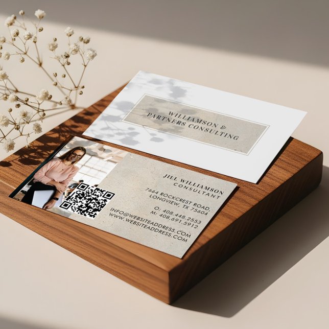 Tarjeta De Visita Minimal Modern Beige Stone texture Photo QR Code (Minimal Modern Beige Stone texture Photo QR Code Business Card)