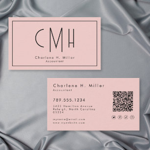 Tarjeta De Visita Minimal Monograma Rosa Beige Moderno QR Profesiona