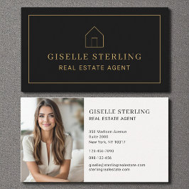Tarjeta De Visita Minimal Real Estate Agent Black Gold House Photo