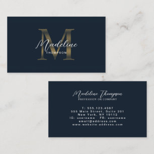 Tarjeta De Visita Minimal Script Azul Marino Metálico Dorado Monogra