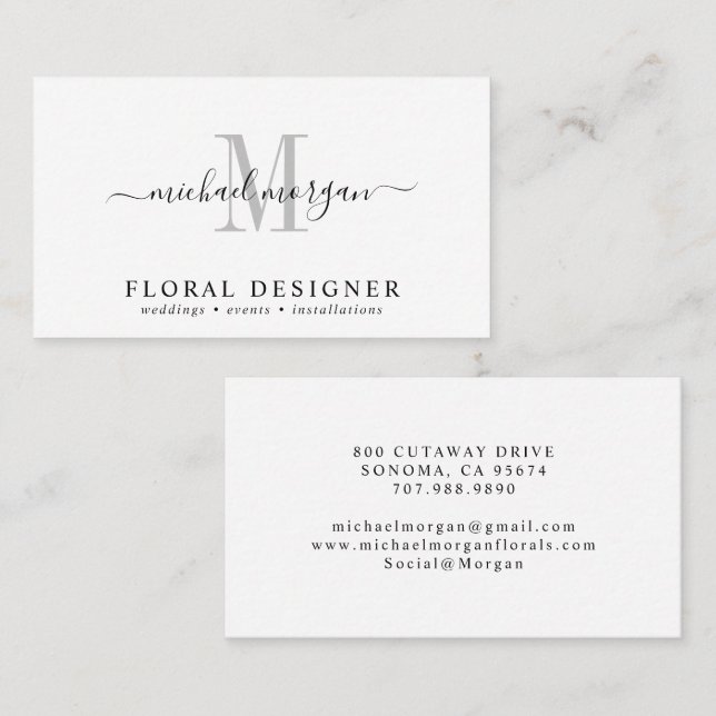 Tarjeta De Visita Minimal Script Monogram Floral Designer (Anverso / Reverso)