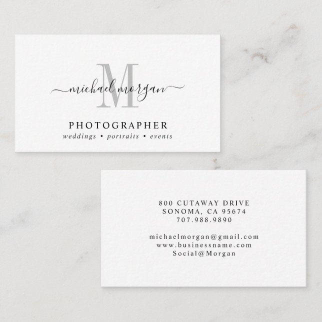 Tarjeta De Visita Minimal Script Monogram Photographer (Anverso / Reverso)