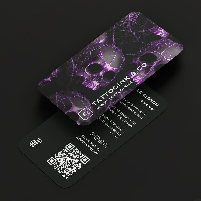 Tarjeta De Visita Minimal Tattoo Artist Goth Skull Purple Tattooist  (Minimal Tattoo Artist Goth Skull Purple Tattooist Business Card
)