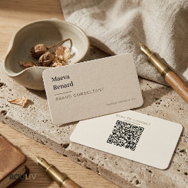 Tarjeta De Visita Minimal Warm Beige Linen Texture QR Code Freelance