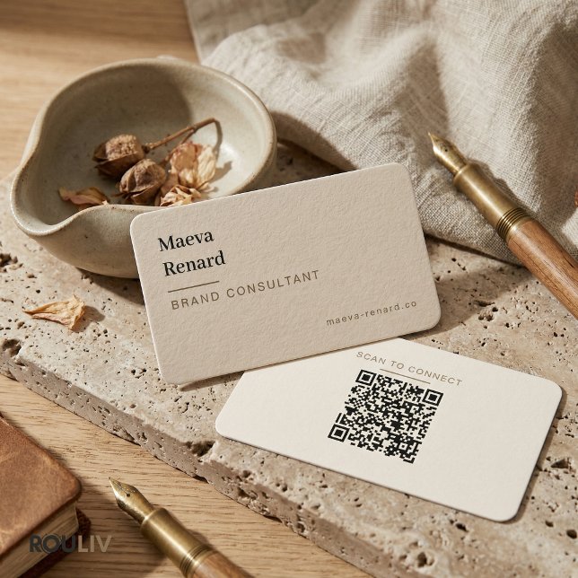 Tarjeta De Visita Minimal Warm Beige Linen Texture QR Code Freelance (Wabi-Sabi Warm Beige Linen Texture QR Code Creative Freelancer Business Card
)