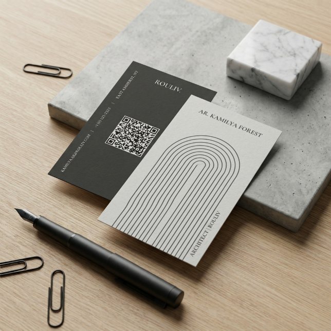 Tarjeta De Visita Minimalist Architectural Arch with QR Code (Minimalist Architectural Arch Business Card with QR Code | Stone Grey & Charcoal Quiet Luxury)