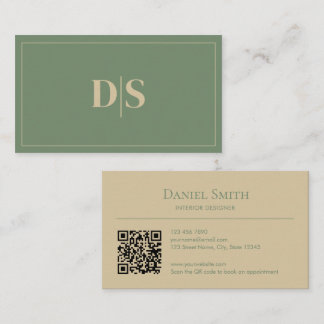 Tarjeta De Visita Minimalist Beige Muted Green Initials QR Code
