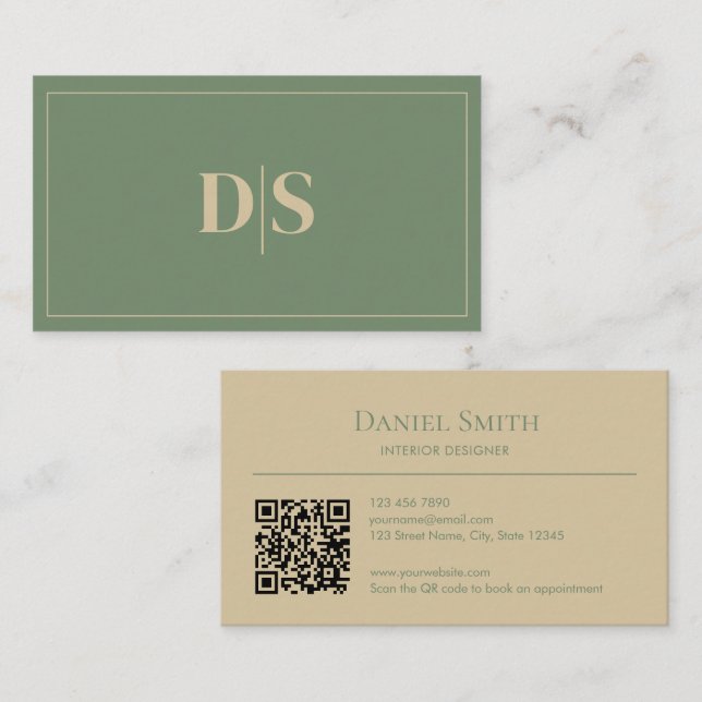 Tarjeta De Visita Minimalist Beige Muted Green Initials QR Code (Anverso / Reverso)