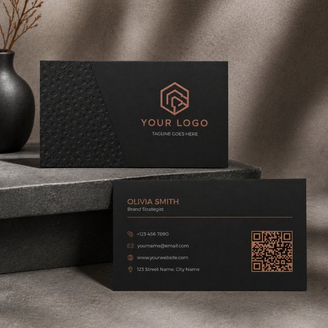 Tarjeta De Visita Minimalist Black Copper Geometric QR Code (Minimalist Luxury Black & Copper Business Card | Modern QR Code Design)