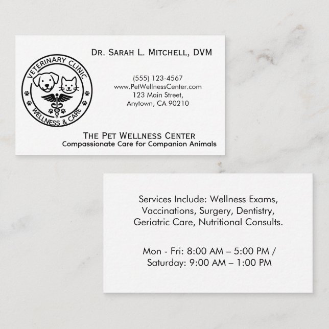 Tarjeta De Visita Minimalist Black & White Veterinary Clinic (Anverso / Reverso)