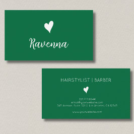 Tarjeta De Visita Minimalist Bottle Green White Heart Barber Name