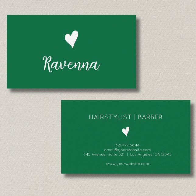 Tarjeta De Visita Minimalist Bottle Green White Heart Barber Name (Subido por el creador)