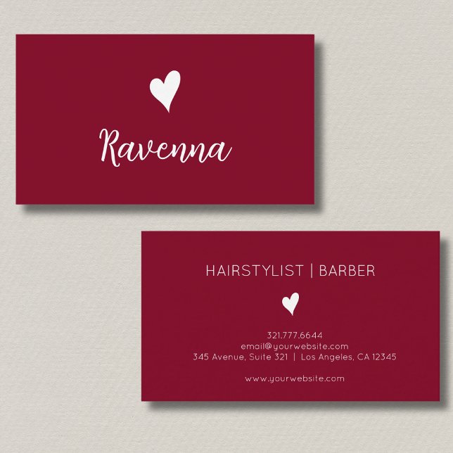 Tarjeta De Visita Minimalist Burgundy and White Heart Barber Name (Subido por el creador)