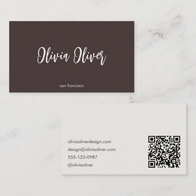 Tarjeta De Visita Minimalist Calligraphy Brown Cream Modern QR Code (Anverso / Reverso)