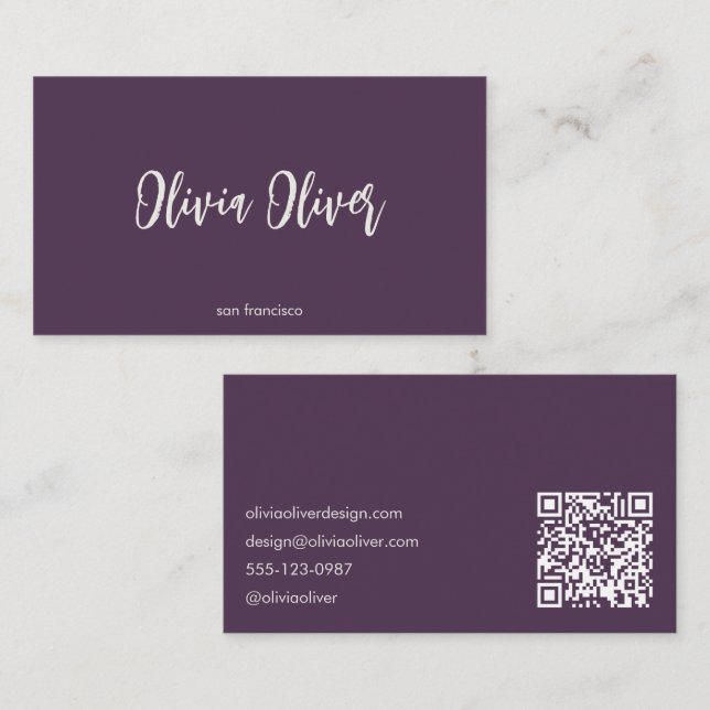 Tarjeta De Visita Minimalist Calligraphy Dark Purple Modern QR Code (Anverso / Reverso)
