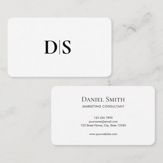 Tarjeta De Visita Minimalist Elegant Black on White Monogram Initial (Anverso / Reverso)