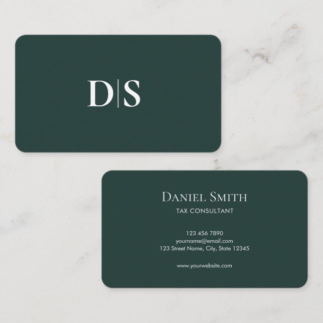 Tarjeta De Visita Minimalist Elegant Dark Green Initial Consultant (Anverso / Reverso)
