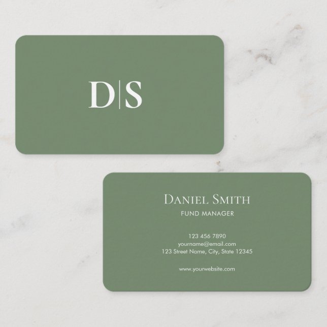 Tarjeta De Visita Minimalist Elegant White on Muted Green Initials (Anverso / Reverso)