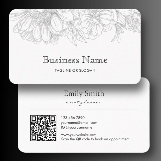 Tarjeta De Visita Minimalist Flower Line Art Business Name QRCode (Minimalist Flower Line Art Business Name QRCode Business Card)