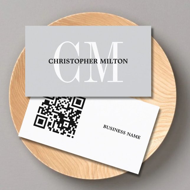 Tarjeta De Visita Minimalist Grey Bold Monogram QR code Consultant (Subido por el creador)