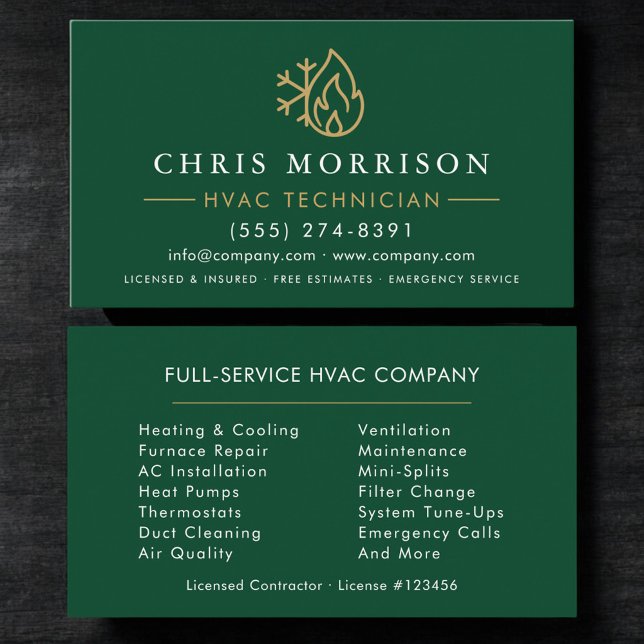 Tarjeta De Visita Minimalist HVAC Green Gold Modern (Subido por el creador)