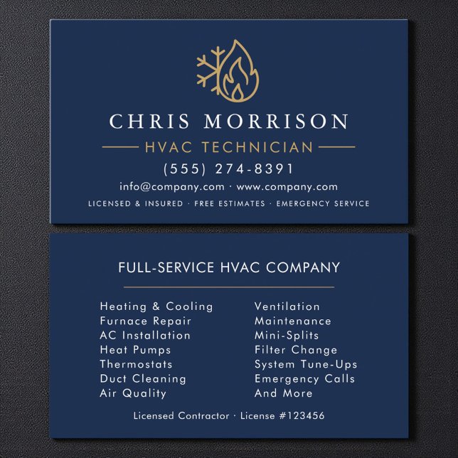 Tarjeta De Visita Minimalist HVAC Navy Blue Gold Modern (Subido por el creador)