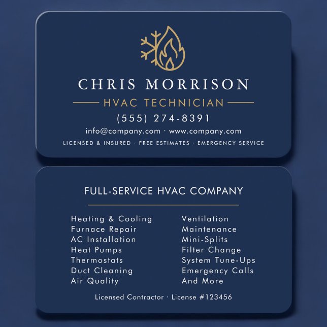 Tarjeta De Visita Minimalist HVAC Navy Blue Gold Modern (Subido por el creador)