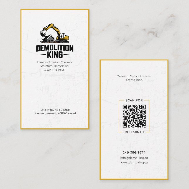 Tarjeta De Visita Minimalist Modern Demolition King Business Card (Anverso / Reverso)