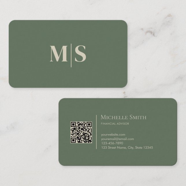 Tarjeta De Visita Minimalist Modern Olive Green Initials QR Code (Anverso / Reverso)
