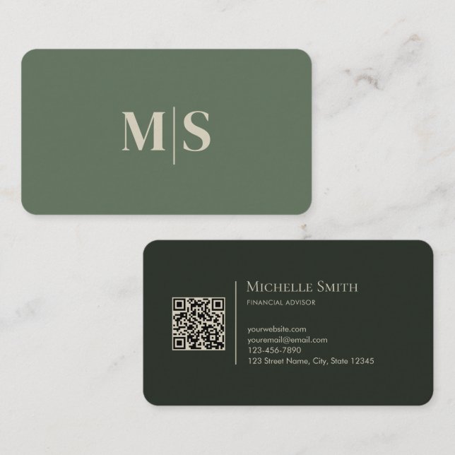 Tarjeta De Visita Minimalist Modern Olive Green Initials QR Code (Anverso / Reverso)