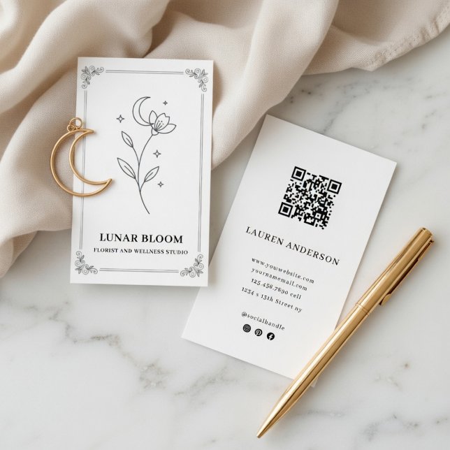 Tarjeta De Visita Minimalist Moon Flower Florist Card with QR Code (Subido por el creador)