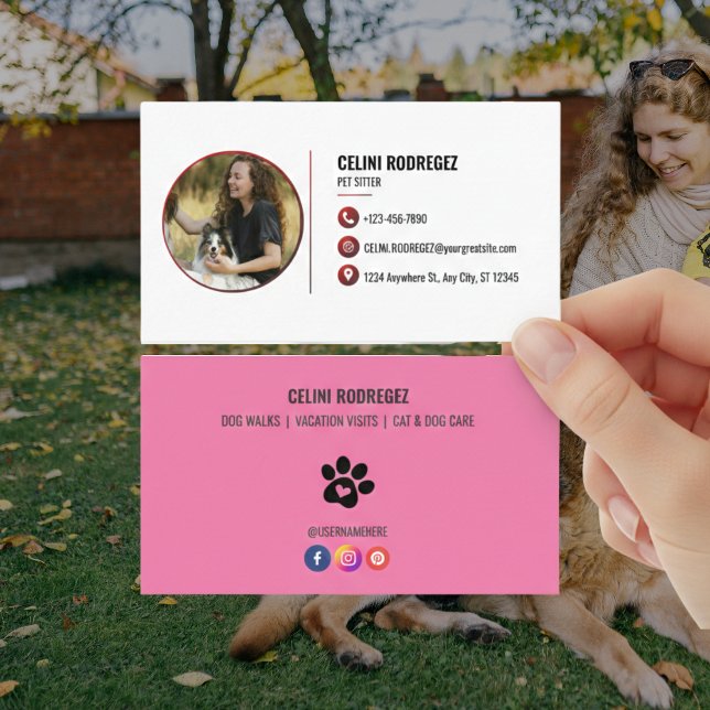 Tarjeta De Visita Minimalist Paw Print Pet Sitting Photo  (Minimalist Paw Print Pet Sitting Photo Business Card with Social Media)