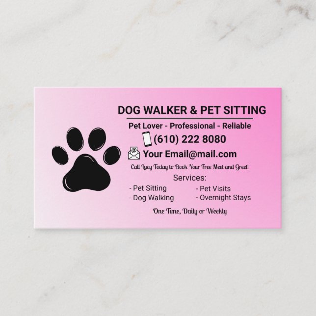Tarjeta De Visita Minimalist Pink Pet Sitter Dog Walker (Anverso)