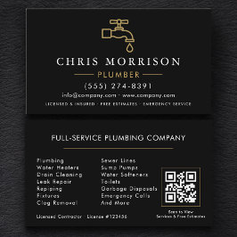 Tarjeta De Visita Minimalist Plumber Black Gold QR Code