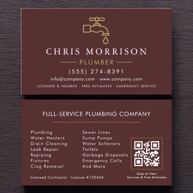 Tarjeta De Visita Minimalist Plumber Burgundy Gold QR Code (Subido por el creador)
