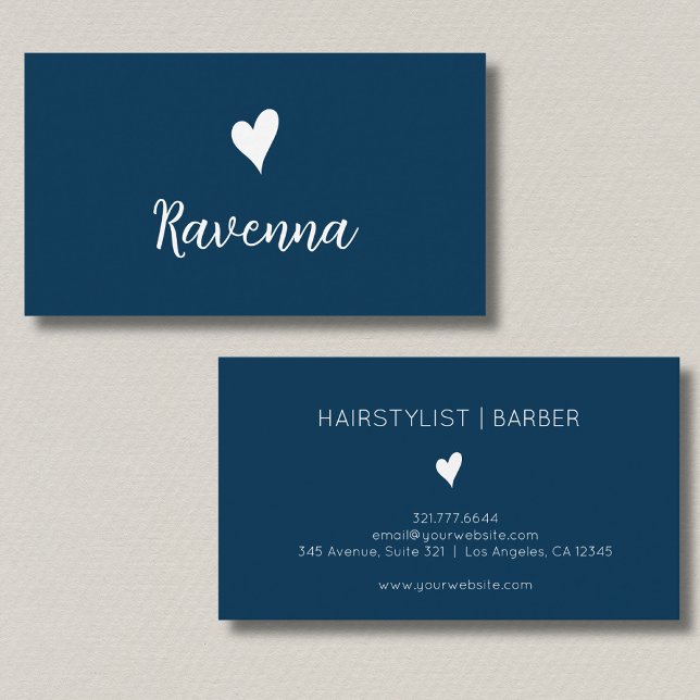 Tarjeta De Visita Minimalist Prussian Blue White Heart Barber Name (Subido por el creador)