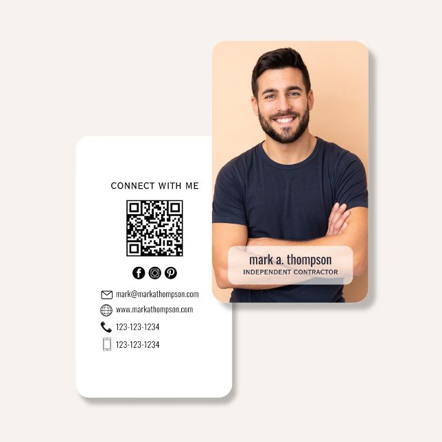 Tarjeta De Visita Minimalist QR Code Photo Connect Modern White (Minimalist white QR code business card with photo and clean modern black typography)