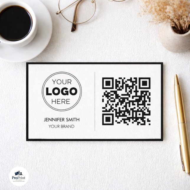 Tarjeta De Visita Minimalist QR Code Professional Design (Modern business card on texture with logo, QR code, coffee, glasses, and gold pen.)