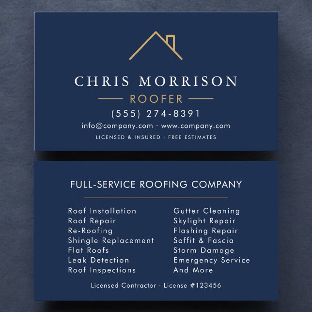 Tarjeta De Visita Minimalist Roofer Navy Blue Gold Modern (Subido por el creador)