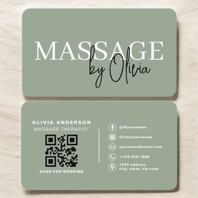 Tarjeta De Visita Minimalist Sage Green Spa Massage QR Code (Subido por el creador)