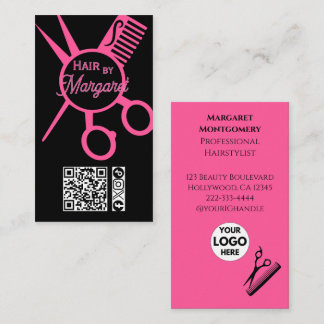 Tarjeta De Visita Minimalist Scissors Pink Black QR Code Hair Salon