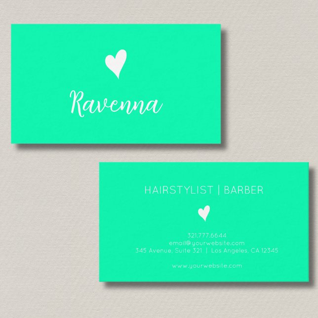 Tarjeta De Visita Minimalist Seafoam Green White Heart Barber Name (Subido por el creador)