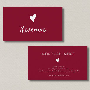 Tarjeta De Visita Minimalista Burgundy y Corazón Blanco Nombre de Ba