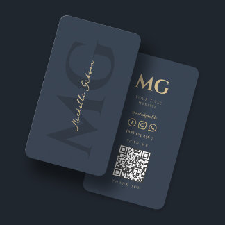 Tarjeta De Visita Minimalista elegante Monograma azul oscuro QR