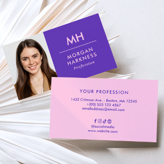 Tarjeta De Visita Minimalista Foto y Monograma Rosa Purpura de Dos T